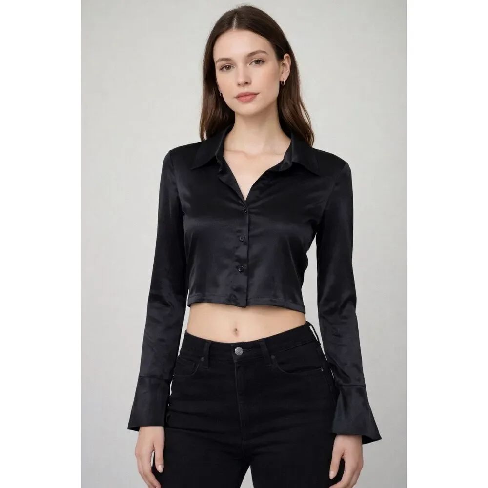 Vintage Y2K Forever 21 Black Satin Button Front Crop Blouse XS S